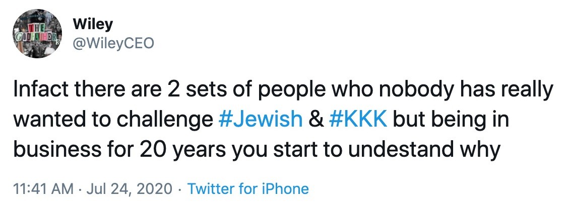 One of Wiley's anti-Semitic tweets 
