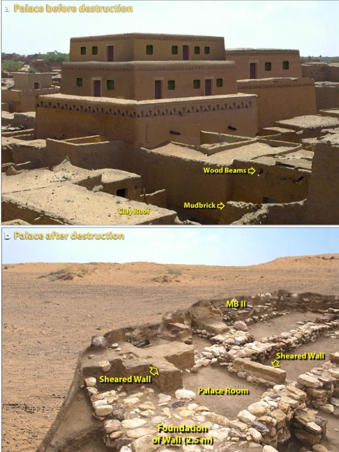 Reconstrucción del palacio de Tall el-Hammam (arriba) y el sitio actual (abajo)